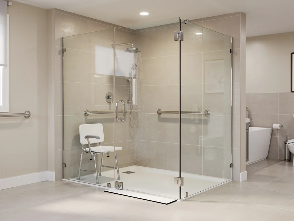 Cabine de douche sécurisée à porte large installée à la place d'une baignoire