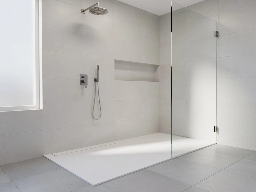 Douche de plain-pied à receveur extra-plat et sol antidérapant classé