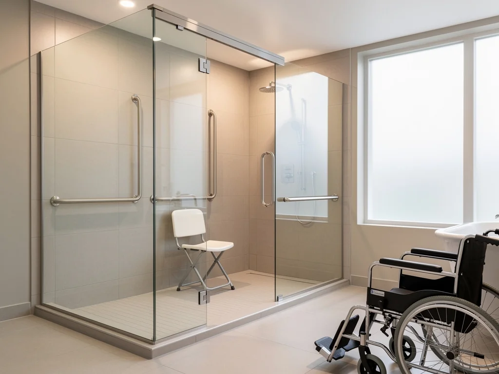 Cabine accessible en fauteuil roulant avec parois vitrées et large ouverture