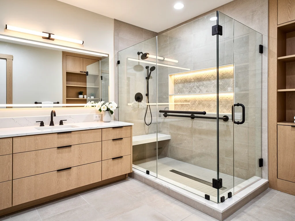 Salle de bain adaptée et lumineuse après le remplacement de la baignoire